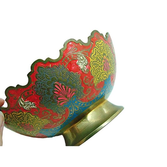 Vintage Multicolor Brass Enamel Scalloped Edge Raw Brass Foot Peacock Bowl Sz 6" - Picture 11 of 12